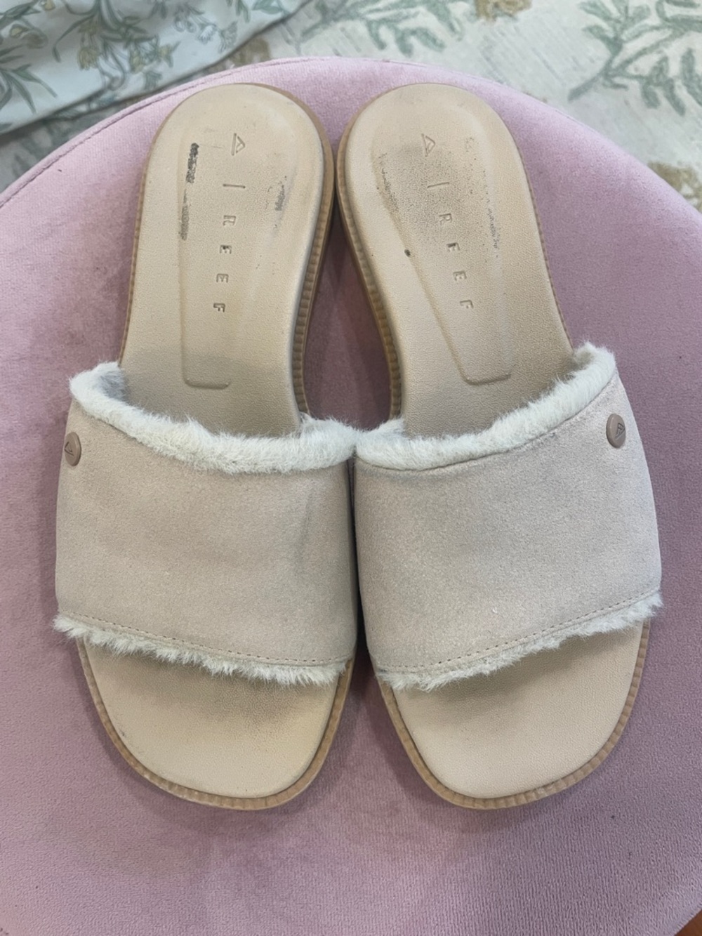 Reef Platform Slide Sandals with Faux Fur Trim - Tan